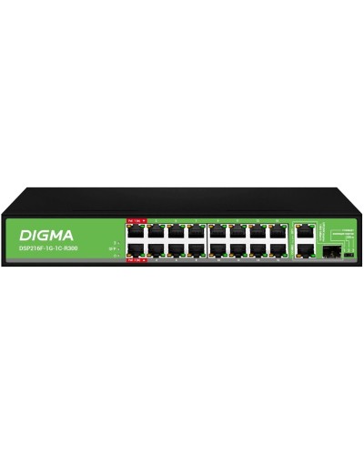 DSP216F-1G-1C-R300 (L2) 16х100Мбит/с 1х1Гбит/с 1хКомбо(1000BASE-T/SFP) 16PoE 16PoE+ 2PoE++ 300W. Коммутатор с питанием по PoE. Digma во Владимире