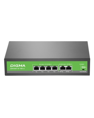 DSP204F-2F-T80 DSP204F-2F-T80 V1 (L2) 6х100Мбит/с 4PoE 4PoE+ 80W. Коммутатор с питанием по PoE. Digma во Владимире
