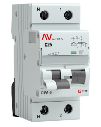 DVA-6 1P+N 25А (C) 30мА (AC) 6кА  AVERES (rcbo6-1pn-25C-30-ac-av). Автоматический выключатель дифференциального тока. EKF во Владимире