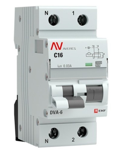 DVA-6 1P+N 16А (C) 30мА (A) 6кА  AVERES (rcbo6-1pn-16C-30-a-av). Автоматический выключатель дифференциального тока. EKF во Владимире