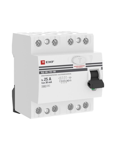 УЗО ВД-100 4P 25А 30мА тип AC эл-мех  PROxima (elcb-4-25-30-em-pro). Выключатель дифференциального тока (УЗО). EKF во Владимире