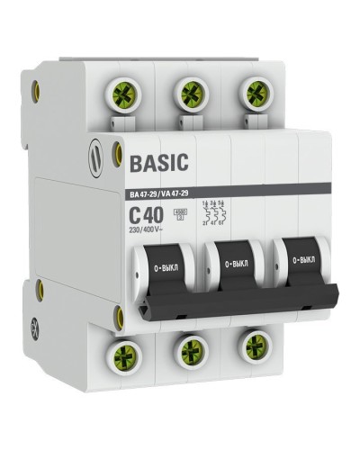 Автоматический выключатель 3P 40А (C) 4,5кА ВА 47-29 Basic (mcb4729-3-40C). Автоматический выключатель. EKF во Владимире