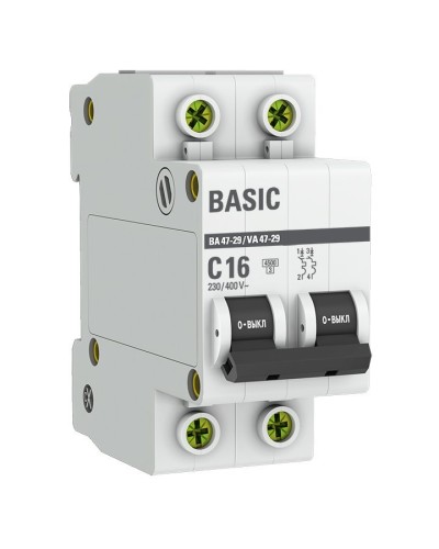 Автоматический выключатель 2P 16А (C) 4,5кА ВА 47-29 Basic (mcb4729-2-16C). Автоматический выключатель. EKF во Владимире