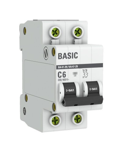 Автоматический выключатель 2P 6А (C) 4,5кА ВА 47-29 Basic (mcb4729-2-06C). Автоматический выключатель. EKF во Владимире