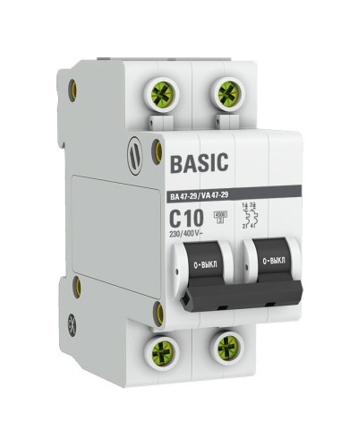 Автоматический выключатель 2P 10А (C) 4,5кА ВА 47-29 Basic (mcb4729-2-10C). Автоматический выключатель. EKF во Владимире