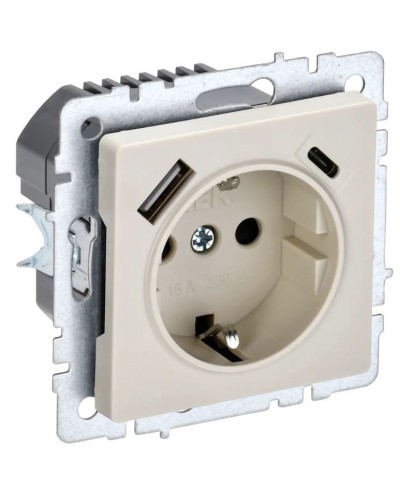 Розетка с з/к с USB A+C 18Вт РЮш11-1-БрКр бежевый BRITE (BR-R14-16-U22-018-K10). Розетка с заземлением с защитными шторками, 18Вт. IEK во Владимире