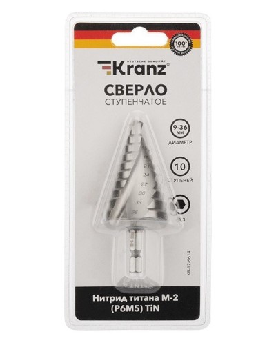 Сверло по металлу ступенчатое ТИТАН 9,0-36,0 мм 110 mm 65 HRC Р6М5 TiN Kranz (KR-12-6614): Сверло по металлу шлифованное во Владимире