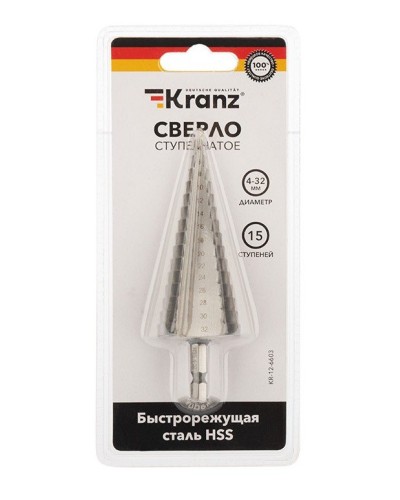Сверло по металлу ступенчатое 4,0-32,0 мм 102 mm 62 HRC Kranz (KR-12-6603): Сверло по металлу шлифованное во Владимире